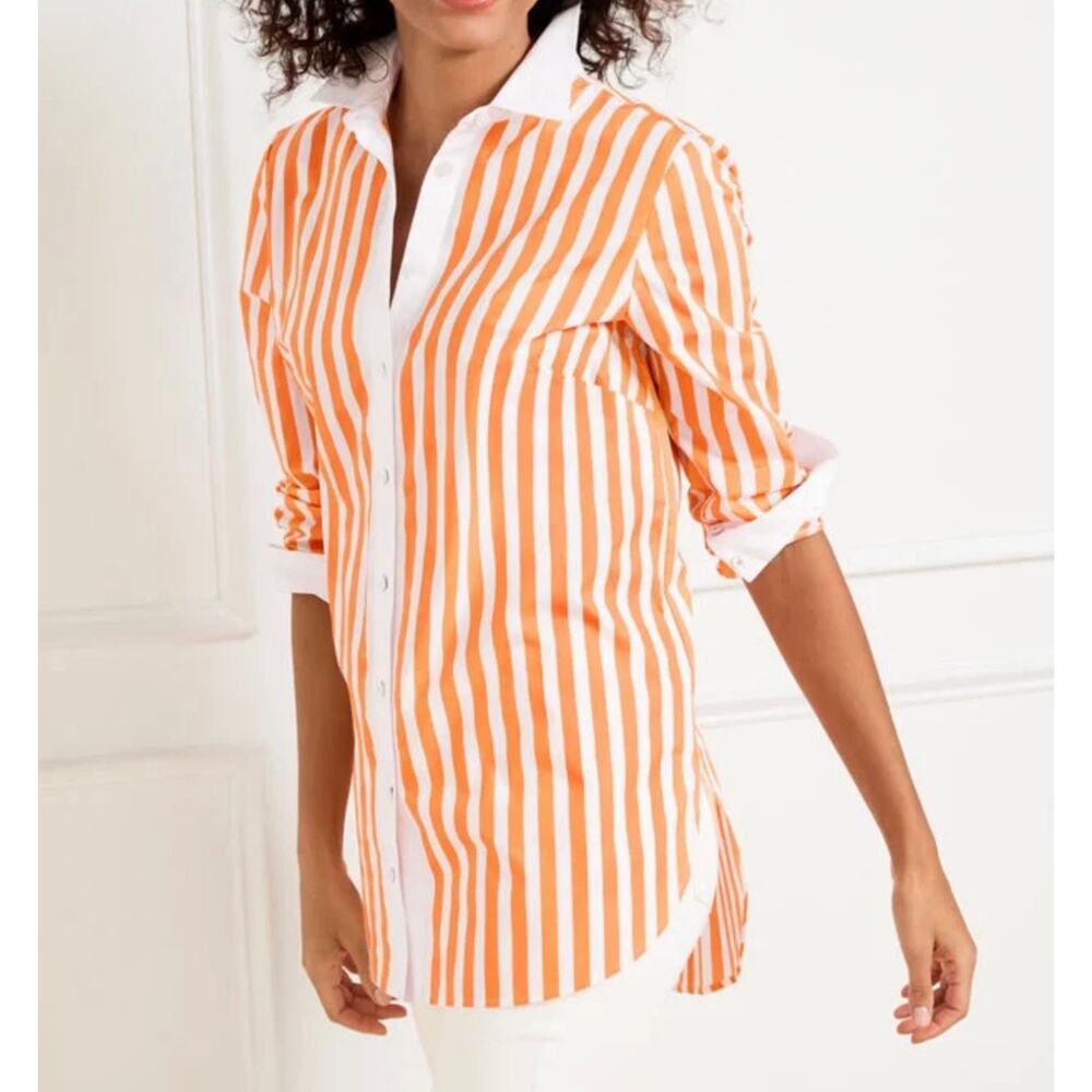 Talbots Button Up Boyfriend Shirt Sweet Stripe Orange White Women's XL